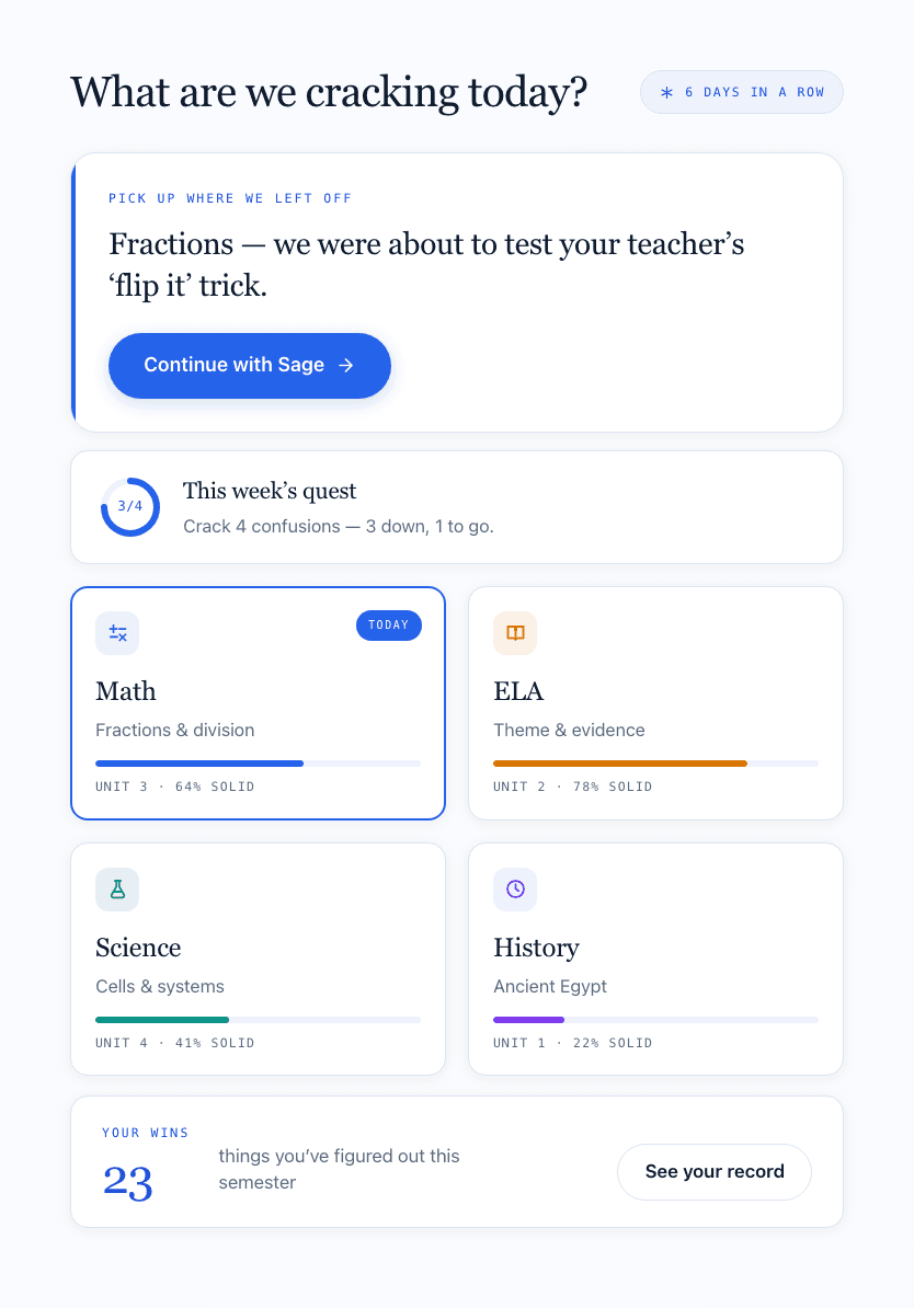 The BrainBuilder student home screen, showing today's subjects and the running win count