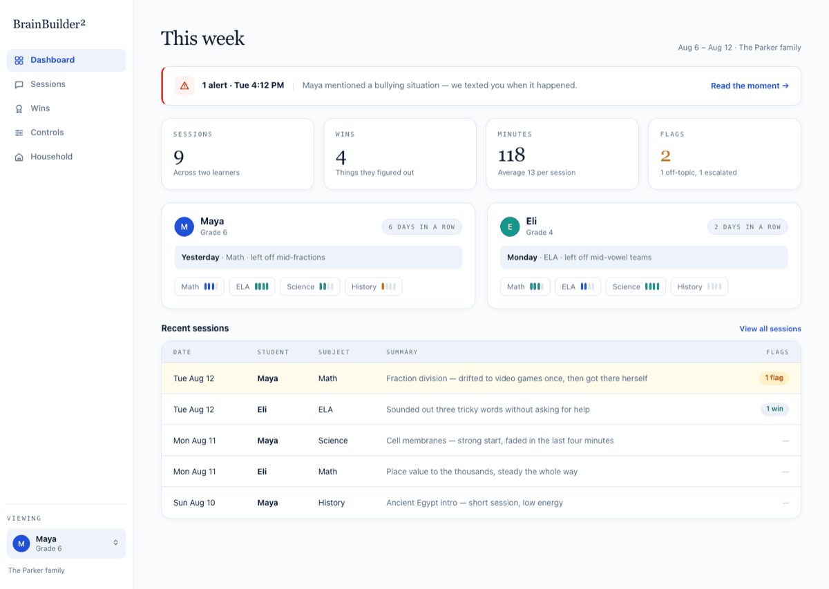 The BrainBuilder parent dashboard, showing this week's sessions, subjects and transcripts